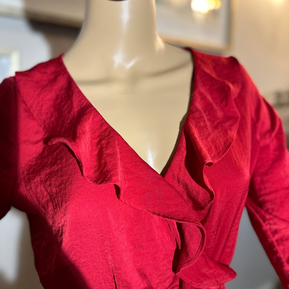 Express Red Ruffled Wrap Dress with Tie Front - Picture 2 of 5